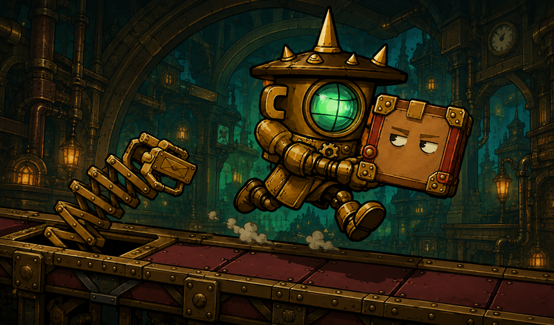 A brass courier robot carrying a living parcel through a mechanical post office